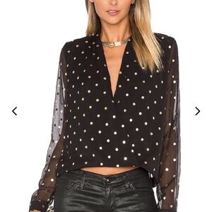 Lovers + Friends Whisper Top from Revolve; Black Sheer Blouse, Gold Polka Dots